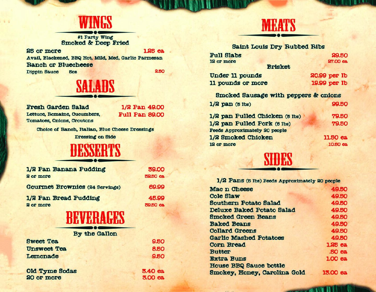 Circle S BBQ Menu BACK